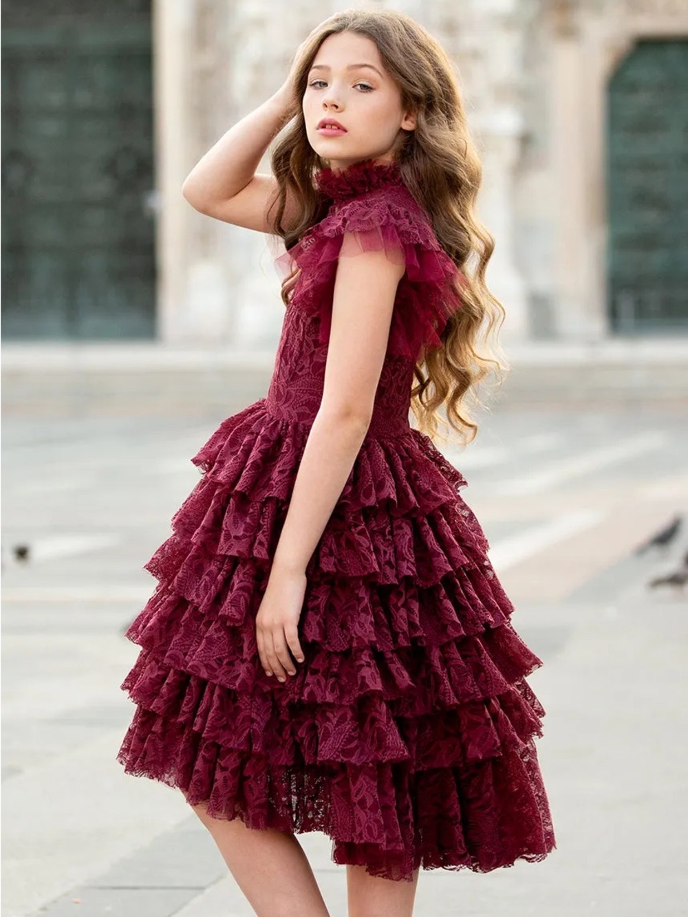 Girls Burgundy Lace Tiered Ruffle Dress - Elegant Special Occasion